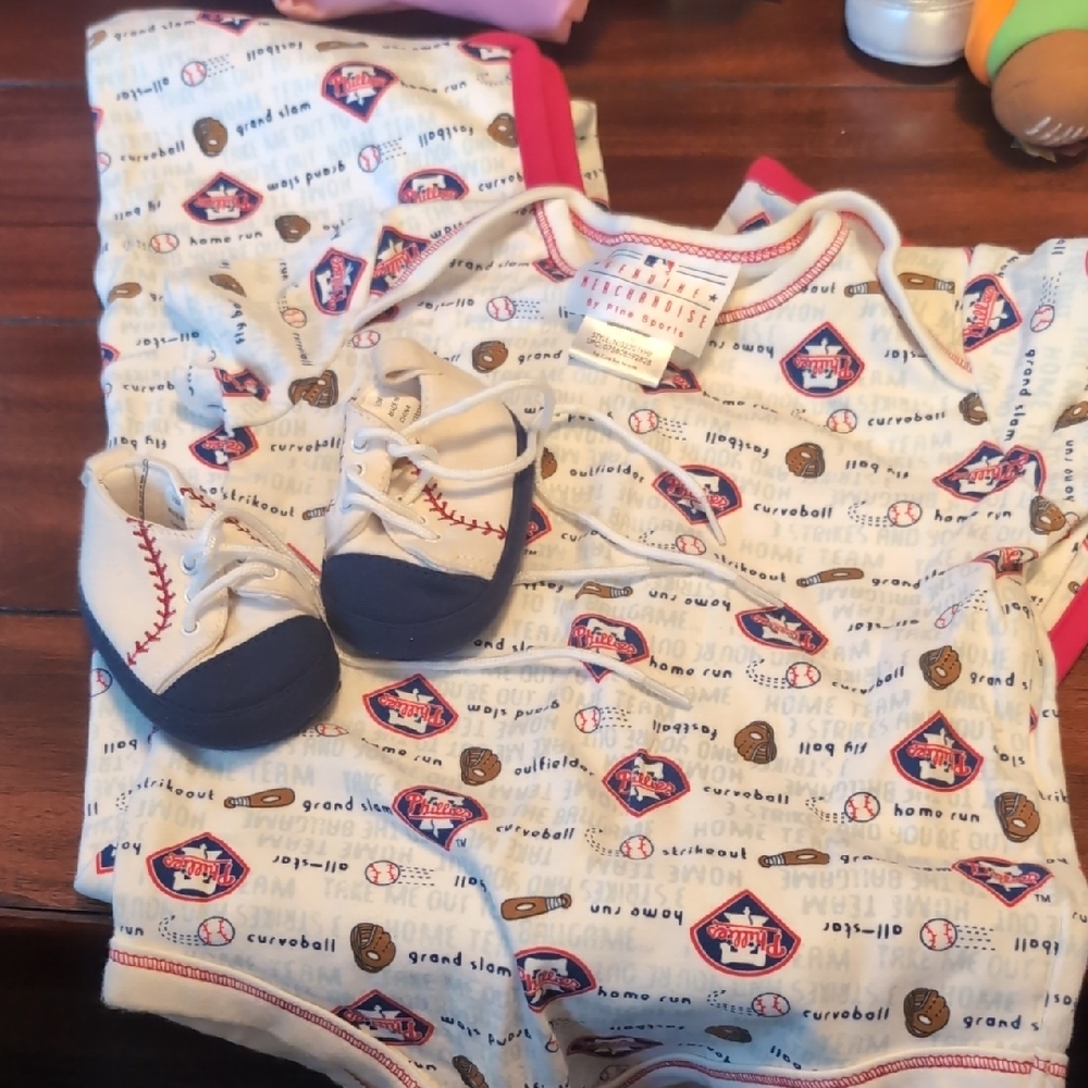 Phillies Receiving Blanket, 18 Months Onesie And Size 0-3 Mth Baseball Shoes